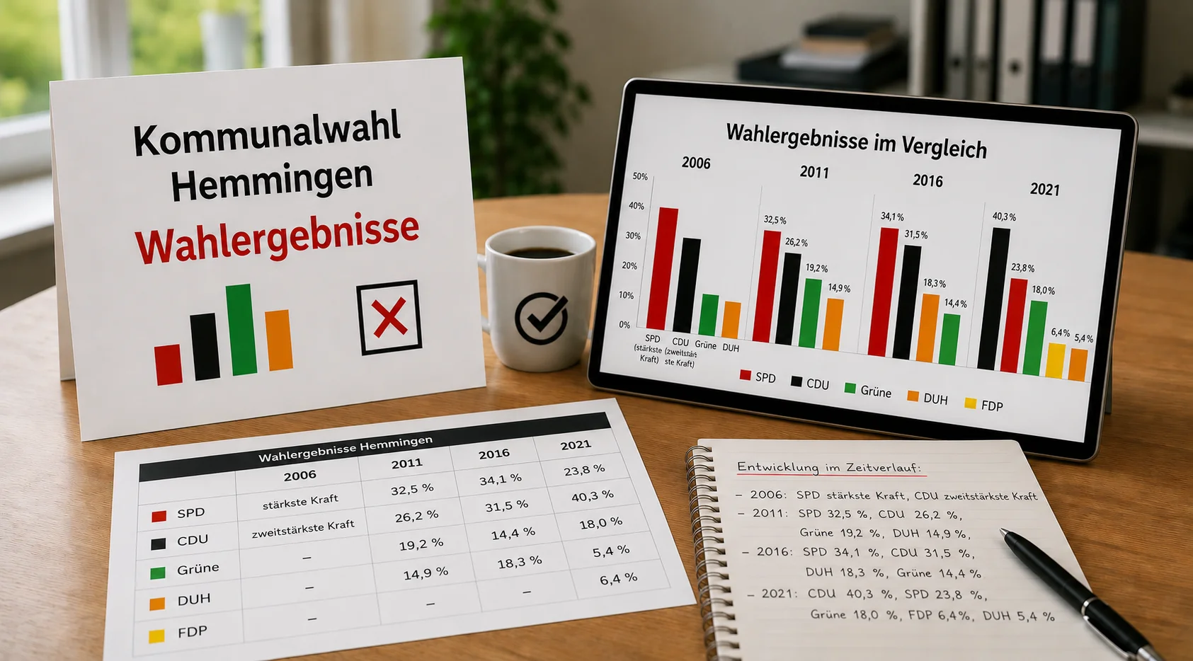 Vergleich der Wahlergebnisse der Kommunalwahlen 2006 2011 2016 und 2021 in Hemmingen